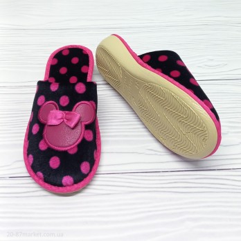 Тапки Белста для девочки, чёрного цвета, розовый горошек, вышивка мышка.