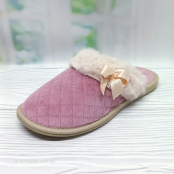Женские комнатные тапочки Белста, закрытые атласный бантик, пушок, пудровые
