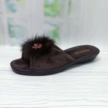 Женские велюровые тапочки, тм Белста, коричневые украшены пушком