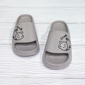 Женские бежевые шлёпанцы, рисунок котёнок