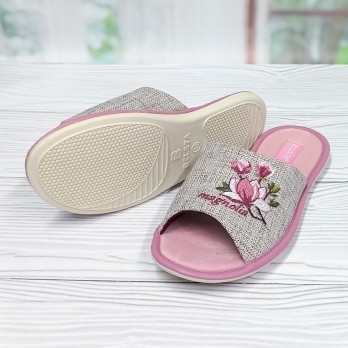 Домашние тапочки Белста, женские, вышивка - магнолия, бежевые, велюровая стелька