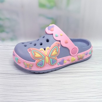 Детские кроксы для девочки, тм American Club голубые с розовым, бабочка