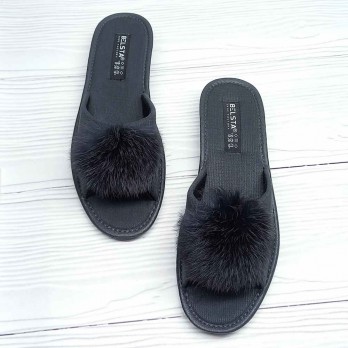 Женские тапочки Белста, украшение мех,  серые, открытый носок и пятка