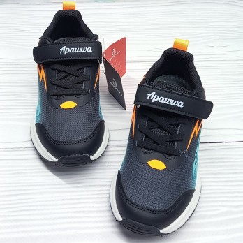 детские стильные кроссовки для мальчика, чёрные с оранжевым и голубым