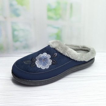Тапочки женские домашние, тм Dago Style синие мех вышивка - цветок
