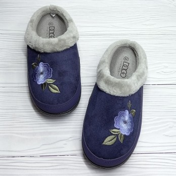 синие женские тапочки, утеплённые, тм Даго Стиль, украшены вышивкой