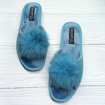 Женские домашние тапочки Белста, бирюзового цвета, украшены мехом