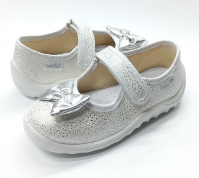 Серебристые тапочки для девочки, застёжки на качественных липучках, тм Waldi, белые