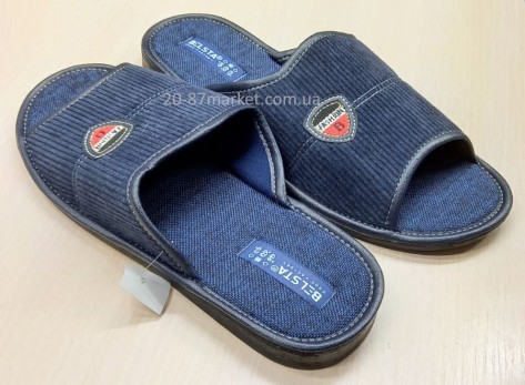 Мужские тапки, вельвет, цвет синий, вышивка