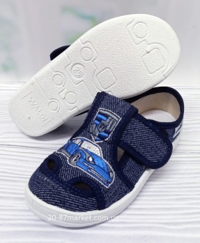 Синие тапочки тм Валди, для мальчика, вышивка - синяя машинка