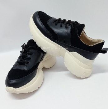 Женские кроссовки, чёрные, кожаные, на платформе