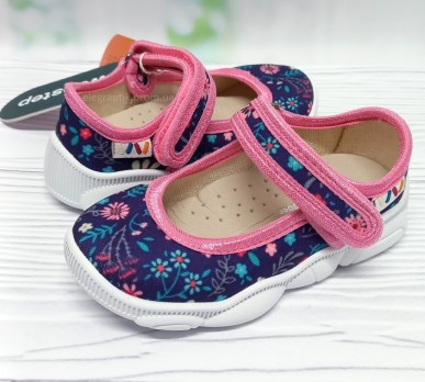 тапочки на липучках для девочки, синие, принт цветы