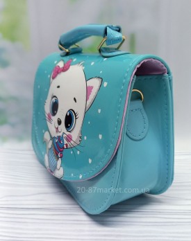 Сумка детская, маленькая, принт - кошечка, бирюзовая