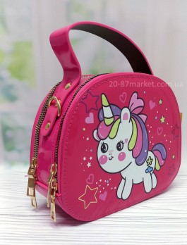 Детская розовая сумка, лаковая, принт единорожка