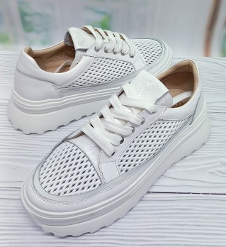 Кроссовки белые, женские, кожаные, лето