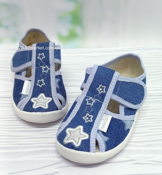 Детские валди тапочки, для девочки, вышивка - звёздочки, синие/джинс